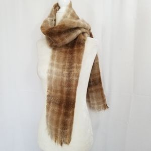 Vintage Mohair Wool Scarf Scotland Plaid Tan Beige